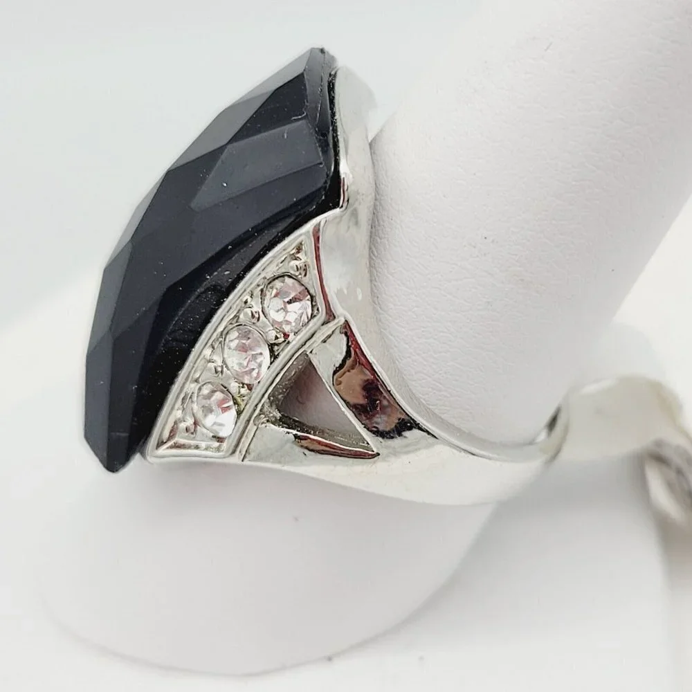Domed Black Faceted Glass & Rhinestone Statement Ring Sz 9 Silver Tone Rectangle